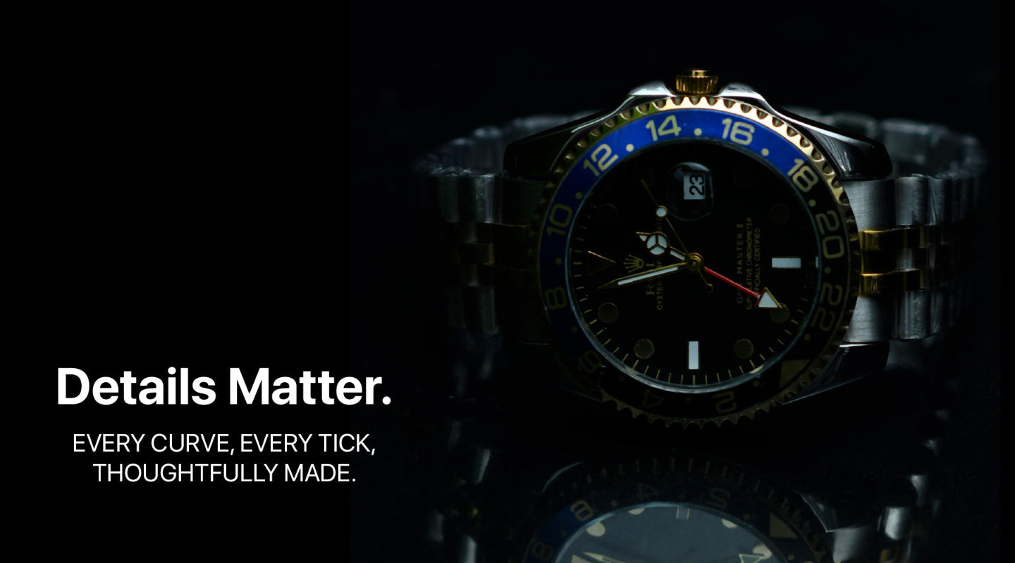 Watch with blue bezel and black face on a dark background, featuring text 'Details Matter'.